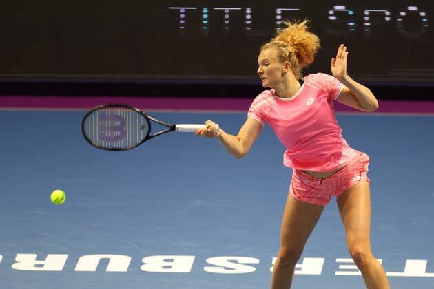 Saint Petersburg, Russia - 18 March 2021: Margarita Gasparyan of Russia playing against Katerina Siniakova of Czech Republic during the St.Petersburg Ladies Trophy 2021 tennis tournament. MaksimxKonstantinov