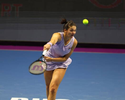 Saint Petersburg, Russia - 18 March 2021: Margarita Gasparyan of Russia playing against Katerina Siniakova of Czech Republic during the St.Petersburg Ladies Trophy 2021 tennis tournament. MaksimxKonstantinov