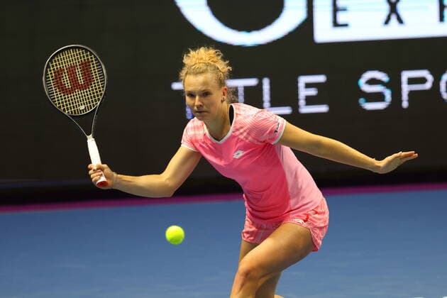 Saint Petersburg, Russia - 18 March 2021: Margarita Gasparyan of Russia playing against Katerina Siniakova of Czech Republic during the St.Petersburg Ladies Trophy 2021 tennis tournament. MaksimxKonstantinov