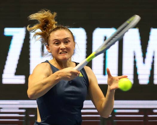 Saint Petersburg, Russia - 18 March 2021: Daria Kasatkina of Russia playing against Aliaksandra Sasnovich of Belarus during the St.Petersburg Ladies Trophy 2021 tennis tournament. MaksimxKonstantinov