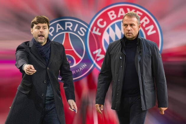 FOTOMONTAGE; Der FC Bayern Muenchen und sein Trainer Hans Dieter Flick (Hansi) trifft im CL Viertelfinale auf Paris Saint Germain mit Trainer Mauricio POCHETTINO. Fussball Auslosung der Champions League Viertelfinals am 19.03.2021.