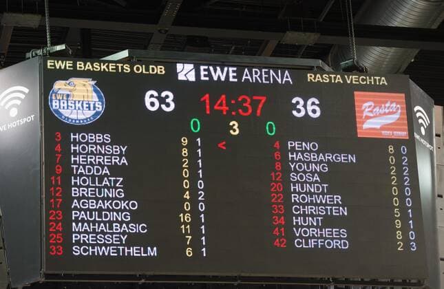 GER, Basketball, EWE Baskets Oldenburg vs Rasta Vechta 19.03.2021, EWE Arena, Oldenburg, GER, easy Credit-BBL, EWE Baskets Oldenburg vs Rasta Vechta, im Bild Anzeigentafel mit dem Halbzeitstand 63 zu 36 fuer die EWE Baskets Oldenburg im Derby