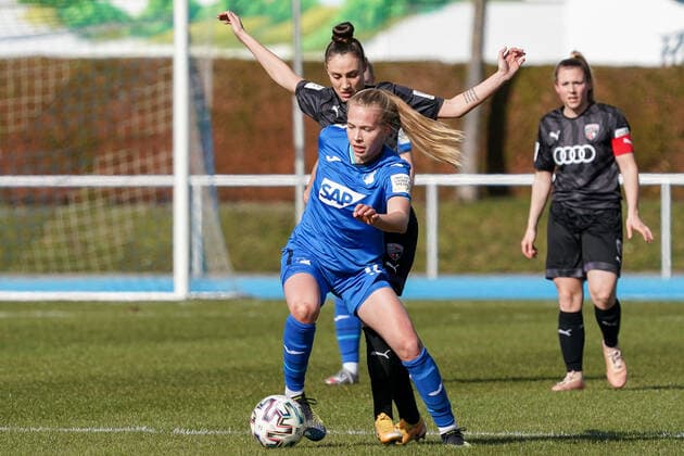 v.li.: Celina Degen (TSG II, 17), Ivana Slipcevic (FCI, 23), Zweikampf, Spielszene, Duell, duel, tackle, tackling, Dynamik, Action, Aktion, 20.03.2021, Sinsheim (Deutschland), Fussball, 2. Frauen-Bundesliga Süd, TSG 1899 Hoffenheim II (U20) - FC Ingolstadt, DFB DFL REGULATIONS PROHIBIT ANY USE OF PHOTOGRAPHS AS IMAGE SEQUENCES AND OR QUASI-VIDEO.