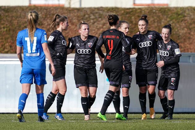 Spielerinnen vom FC Ingolstadt 04 jubeln mit Torschützin Ivana Slipcevic (FCI, 23, 2.v. rechts) über das Tor zum 1:2 , Jubel, Torjubel, Torerfolg, celebrate the goal, goal, celebration, Jubel ueber das Tor, optimistisch, Spielszene, Highlight, Action, Aktion, 20.03.2021, Sinsheim (Deutschland), Fussball, 2. Frauen-Bundesliga Süd, TSG 1899 Hoffenheim II (U20) - FC Ingolstadt, DFB DFL REGULATIONS PROHIBIT ANY USE OF PHOTOGRAPHS AS IMAGE SEQUENCES AND OR QUASI-VIDEO.