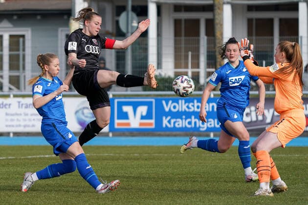 v.li.: Lisa Drexler (TSG II, 13), Ramona Maier (FCI, 18), Laura Dick (Torwart, TSG II, 1), Zweikampf, Spielszene, Duell, duel, tackle, tackling, Dynamik, Action, Aktion, im Strafraum, Strafraumszene, 20.03.2021, Sinsheim (Deutschland), Fussball, 2. Frauen-Bundesliga Süd, TSG 1899 Hoffenheim II (U20) - FC Ingolstadt, DFB DFL REGULATIONS PROHIBIT ANY USE OF PHOTOGRAPHS AS IMAGE SEQUENCES AND OR QUASI-VIDEO.