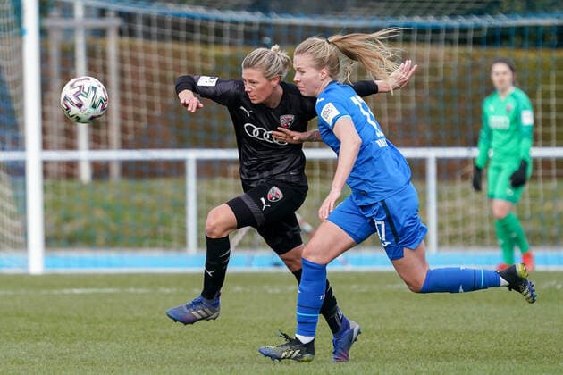 v.li.: Mona Budnick (FCI, 9), Celina Degen (TSG II, 17), Zweikampf, Spielszene, Duell, duel, tackle, tackling, Dynamik, Action, Aktion, 20.03.2021, Sinsheim (Deutschland), Fussball, 2. Frauen-Bundesliga Süd, TSG 1899 Hoffenheim II (U20) - FC Ingolstadt, DFB DFL REGULATIONS PROHIBIT ANY USE OF PHOTOGRAPHS AS IMAGE SEQUENCES AND OR QUASI-VIDEO.