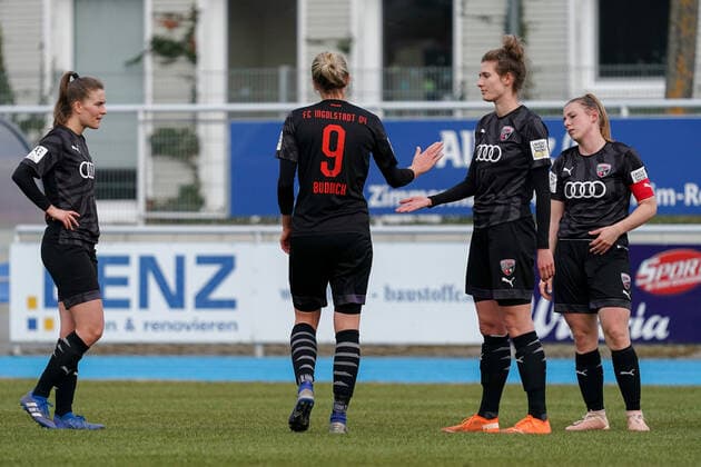 Spielerinnen vom FC Ingolstadt 04, enttäuscht schauend, Enttäuschung, Frustration, disappointed, pessimistisch, Aktion, Action, Spielszene, 20.03.2021, Sinsheim (Deutschland), Fussball, 2. Frauen-Bundesliga Süd, TSG 1899 Hoffenheim II (U20) - FC Ingolstadt, DFB DFL REGULATIONS PROHIBIT ANY USE OF PHOTOGRAPHS AS IMAGE SEQUENCES AND OR QUASI-VIDEO.
