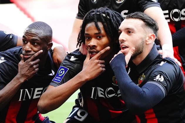 Joie - Khephren Thuram (OGC Nice) - Amine Gouiri (OGC Nice) - Hassane Kamara (OGC Nice) - Flavius Daniluc (OGC Nice) - Kasper Dolberg (OGC Nice) - Myziane Maolida (OGC Nice) FOOTBALL : OGC Nice vs Marseille - Ligue 1 Uber Eats - Nice - 20 03 2021 NorbertScanella PanoramiC 