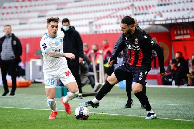 Pol Lirola (Olympique de Marseille) - Amine Gouiri (OGC Nice) FOOTBALL : OGC Nice vs Marseille - Ligue 1 Uber Eats - Nice - 20 03 2021 NorbertScanella PanoramiC 