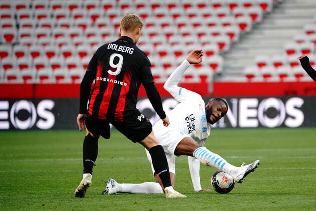 Olivier Ntcham (Olympique de Marseille) - Kasper Dolberg (OGC Nice) FOOTBALL : OGC Nice vs Marseille - Ligue 1 Uber Eats - Nice - 20 03 2021 NorbertScanella PanoramiC 