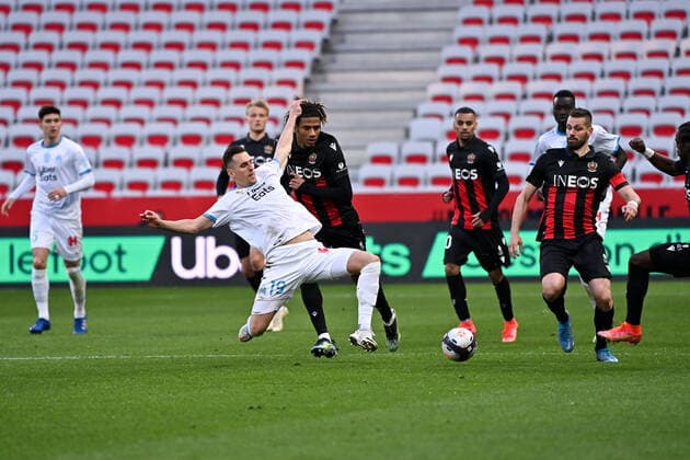 19 ARKADIUSZ KRYSTIAN MILIK (OM) - 06 MORGAN SCHNEIDERLIN (NICE) FOOTBALL : Nice vs Marseille - Ligue 1 Uber Eats - 20 03 2021 FEP Panoramic 