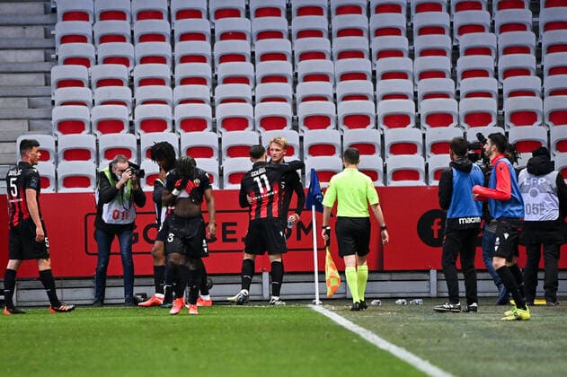 JOIE - FAIR PLAY - 09 KASPER DOLBERG (NICE) FOOTBALL : Nice vs Marseille - Ligue 1 Uber Eats - 20 03 2021 FEP Panoramic 