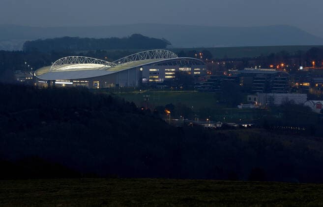 Mandatory Credit: Photo by James Marsh BPI Shutterstock (11806229b) A general ground view. Brighton & Hove Albion v Newcastle United, Premier League, Football, The American Express Community Stadium, Brighton, UK - 20 Mar 2021 EDITORIAL USE ONLY No use with unauthorised audio, video, data, fixture lists, club league logos or live services. Online in-match use limited to 120 images, no video emulation. No use in betting, games or single club league player publications. Brighton & Hove Albion v Newcastle United, Premier League, Football, The American Express Community Stadium, Brighton, UK - 20 Mar 2021 EDITORIAL USE ONLY No use with unauthorised audio, video, data, fixture lists, club league logos or live services. Online in-match use limited to 120 images, no video emulation. No use in betting, games or single club league player publications. Copyright: xJamesxMarsh BPI Shutterstockx 11806229b