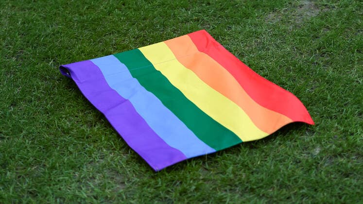 v.li.: Eine Regenbogenfahne liegt auf dem Boden, Rasen. Gras, Vielfalt, Anti Diskiminierung, LGBTQI, Eckfahne, Fahnentuch, bunt, DIE DFB-RICHTLINIEN UNTERSAGEN JEGLICHE NUTZUNG VON FOTOS ALS SEQUENZBILDER UND ODER VIDEOÄHNLICHE FOTOSTRECKEN. DFB REGULATIONS PROHIBIT ANY USE OF PHOTOGRAPHS AS IMAGE SEQUENCES AN OR QUASI-VIDEO., 20.03.2021, Wolfsburg (Deutschland), Fussball, DFB-Pokal Frauen, VfL Wolfsburg - SV Werder Bremen