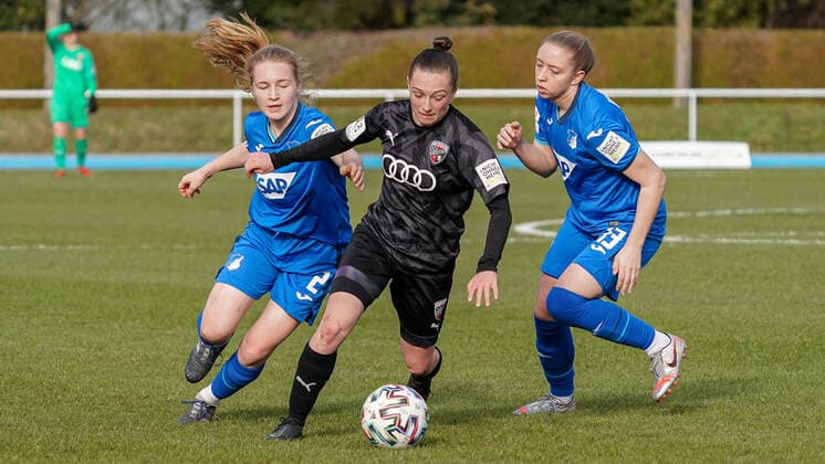 v.li.: Linette Hofmann (TSG II, 2), Vanessa Haim (FCI, 13), Lisa Drexler (TSG II, 13), Zweikampf, Spielszene, Duell, duel, tackle, tackling, Dynamik, Action, Aktion, 20.03.2021, Sinsheim (Deutschland), Fussball, 2. Frauen-Bundesliga Süd, TSG 1899 Hoffenheim II (U20) - FC Ingolstadt, DFB DFL REGULATIONS PROHIBIT ANY USE OF PHOTOGRAPHS AS IMAGE SEQUENCES AND OR QUASI-VIDEO.