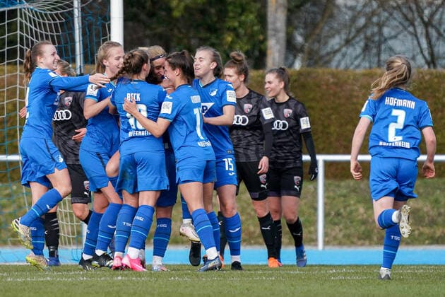 Spielerinnen der TSG 1899 Hoffenheim, jubeln über das Tor zum 3:3, Jubel, Torjubel, Torerfolg, celebrate the goal, goal, celebration, Jubel ueber das Tor, optimistisch, Spielszene, Highlight, Action, Aktion, 20.03.2021, Sinsheim (Deutschland), Fussball, 2. Frauen-Bundesliga Süd, TSG 1899 Hoffenheim II (U20) - FC Ingolstadt, DFB DFL REGULATIONS PROHIBIT ANY USE OF PHOTOGRAPHS AS IMAGE SEQUENCES AND OR QUASI-VIDEO.