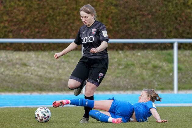 v.li.: Lea Spittka (FCI, 2), Karla Görlitz (TSG II, 12), Zweikampf, Spielszene, Duell, duel, tackle, tackling, Dynamik, Action, Aktion, 20.03.2021, Sinsheim (Deutschland), Fussball, 2. Frauen-Bundesliga Süd, TSG 1899 Hoffenheim II (U20) - FC Ingolstadt, DFB DFL REGULATIONS PROHIBIT ANY USE OF PHOTOGRAPHS AS IMAGE SEQUENCES AND OR QUASI-VIDEO.