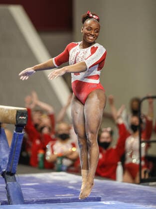 Bilder des Jahres 2021, Sport 03 März Sport Themen der Woche KW11 March 20, 2021: Rutgers Hannah Joyner smiles as she completes her beam routine during the 2021 Big 10 Gymnastics Championships at Maturi Pavilion in Minneapolis, MN. CSM Minneapolis United States of America - ZUMAc04_ 20210320_zaf_c04_069 Copyright: xKylexOkitax