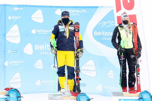 ALPINE SKIING - FIS EC Reiteralm SCHLADMING,AUSTRIA,21.MAR.21- ALPINE SKIING - FIS Europa Cup, award ceremony for the overall Europa Cup, ladies. Image shows Marte Monsen (NOR) and Jessica Hilzinger (GER). GEPAxpictures xChristianxWalgram