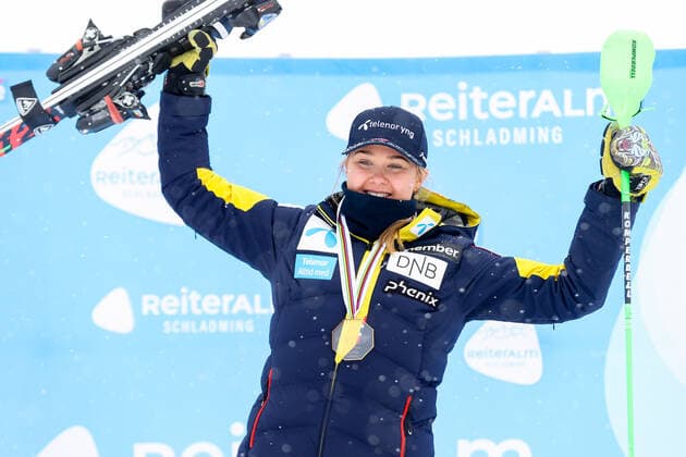 ALPINE SKIING - FIS EC Reiteralm SCHLADMING,AUSTRIA,21.MAR.21- ALPINE SKIING - FIS Europa Cup, award ceremony for the overall Europa Cup, ladies. Image shows the rejoicing of Marte Monsen (NOR). Keywords: medal. GEPAxpictures xChristianxWalgram