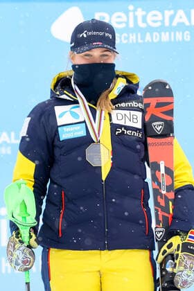ALPINE SKIING - FIS EC Reiteralm SCHLADMING,AUSTRIA,21.MAR.21- ALPINE SKIING - FIS Europa Cup, award ceremony for the overall Europa Cup, ladies. Image shows Marte Monsen (NOR). Keywords: medal. GEPAxpictures xChristianxWalgram