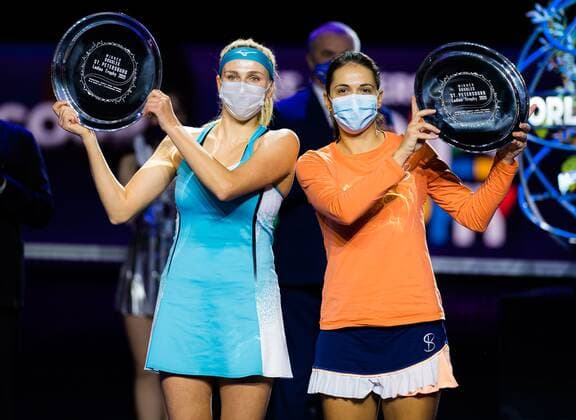 Mandatory Credit: Photo by Rob Prange Shutterstock (11803322b) Nadija Kichenok of Ukraine & Raluca Olaru of Romania with their champions trophies after winning the doubles final of the 2021 St. Petersburg Ladies Trophy WTA, Tennis Damen 500 tournament WTA St Petersburg Ladies Trophy, Tennis, St Petersburg, Russia - 21 Mar 2021 WTA St Petersburg Ladies Trophy, Tennis, St Petersburg, Russia - 21 Mar 2021  Copyright: xRobxPrange Shutterstockx 11803322b