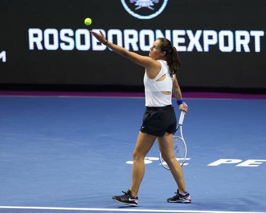 Saint Petersburg, Russia - 21 March 2021: Tennis, final Daria Kasatkina of Russia playing against Margarita Gasparyan of Russia during St.Petersburg Ladies Trophy 2021 tennis tournament. MaksimxKonstantinov