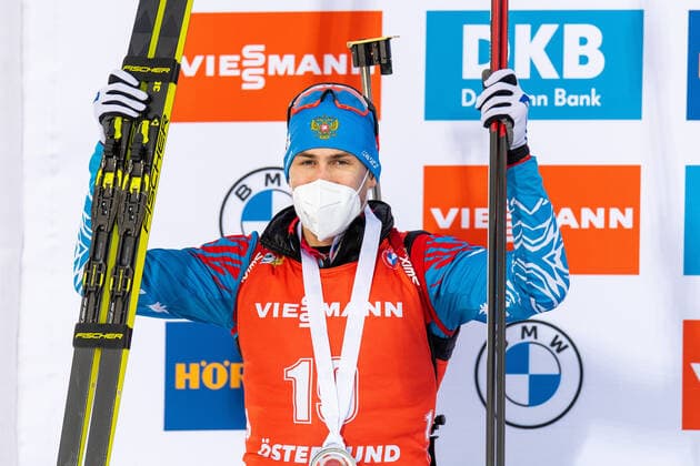 210321Eduard Latypov of Russia (second place) celebrates on the podium after the Men s 15 km Mass Start during the IBU Biathlon World Cup on March 21, 2021 in Östersund. Photo: Joel Marklund BILDBYRAN kod JM JM0089 bbeng skidskytte biathlon skiskyting världscupen ibu world cup masstart jubel ryssland Copyright: JOELxMARKLUND BB210321JM191