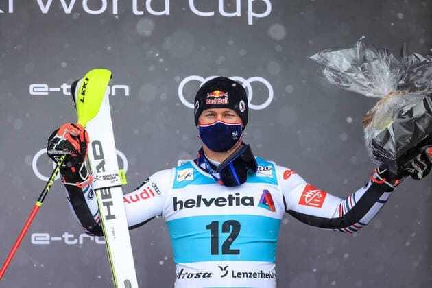 ALPINE SKIING - FIS WC Final Lenzerheide LENZERHEIDE,SWITZERLAND,21.MAR.21- ALPINE SKIING - FIS World Cup Final, slalom, men. Image shows the rejoicing of Alexis Pinturault (FRA). GEPAxpictures xMarioxBuehner