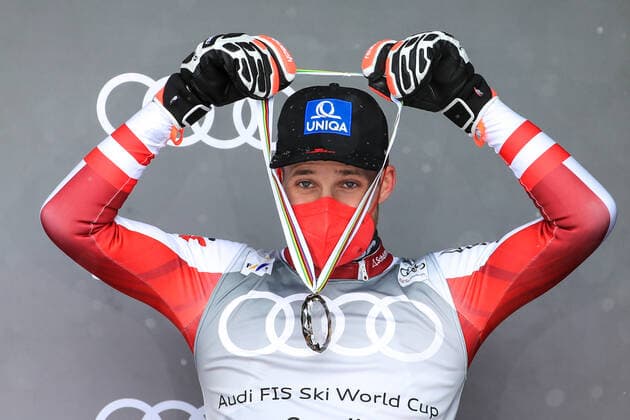 ALPINE SKIING - FIS WC Final Lenzerheide LENZERHEIDE,SWITZERLAND,21.MAR.21- ALPINE SKIING - FIS World Cup Final, men, award ceremony for the overall World Cup. Image shows Marco Schwarz (AUT). GEPAxpictures xMarioxBuehner