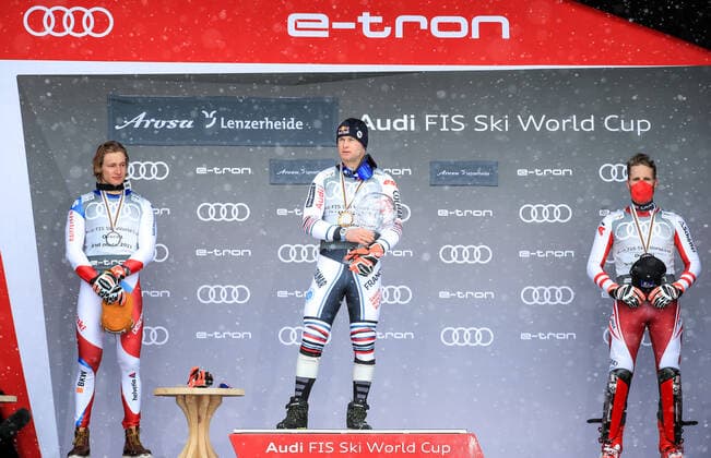 ALPINE SKIING - FIS WC Final Lenzerheide LENZERHEIDE,SWITZERLAND,21.MAR.21- ALPINE SKIING - FIS World Cup Final, men, award ceremony for the overall World Cup. Image shows Marco Odermatt (SUI), Alexis Pinturault (FRA) and Marco Schwarz (AUT). Keywords: medal, crystal globe. GEPAxpictures xMarioxBuehner