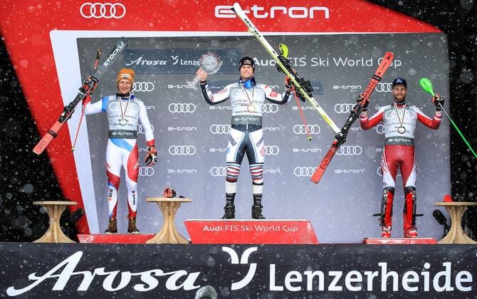ALPINE SKIING - FIS WC Final Lenzerheide LENZERHEIDE,SWITZERLAND,21.MAR.21- ALPINE SKIING - FIS World Cup Final, men, award ceremony for the overall World Cup. Image shows the rejoicing of Marco Odermatt (SUI), Alexis Pinturault (FRA) and Marco Schwarz (AUT). Keywords: medal, crystal globe. GEPAxpictures xMarioxBuehner