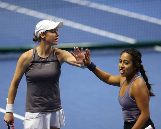 March 21, 2021, Saint Petersburg, Russia: Kaitlyn Christian and Sabrina Santamaria of USA playing against Nadiia Kichenok of Ukraine and Raluca Olaru of Romania during the St. Petersburg Ladies Trophy 2021 tennis tournament at Sibur Arena..Final score: Saint Petersburg Russia - ZUMAs197 20210321_zaa_s197_173 Copyright: xMaksimxKonstantinovx
