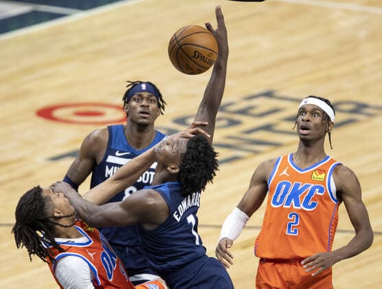 Sport Bilder des Tages March 22, 2021, Minneapolis, MN, United States: Moses Brown (9) of the Oklahoma City Thunder blocks a shot by Anthony Edwards (1) of the Minnesota Timberwolves in the third quarter on March 22, 2021 at the Target Center in Minneapolis. Minneapolis United States - ZUMAm67_ 0115792001st Copyright: xCarlosxGonzalezx
