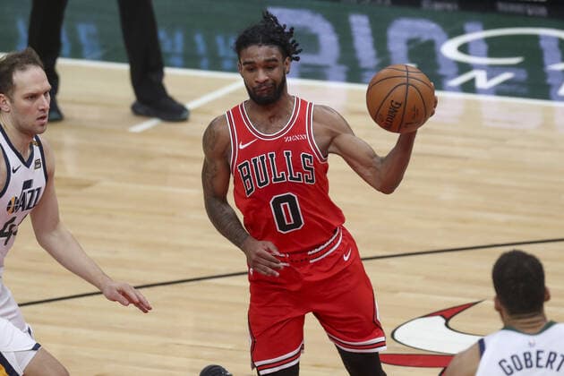 March 22, 2021: Chicago Bulls guard Coby White (0) passes the ball during the fourth period against the Utah Jazz at the United Center Monday March 22, 2021 in Chicago. - ZUMAm67_ 0115792539st Copyright: xArmandoxL.xSanchezx