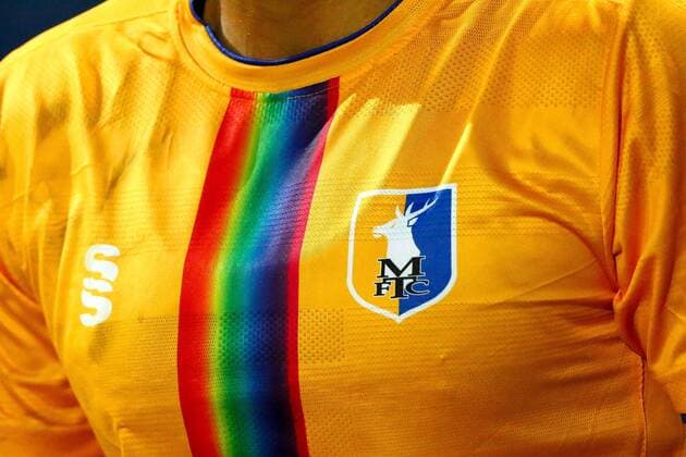 Mandatory Credit: Photo by Ryan Crockett JMP Shutterstock (11827635ag) Rainbow design on the shirt of Mal Benning of Mansfield Town Mansfield Town v Forest Green Rovers, UK - 23 Mar 2021 EDITORIAL USE ONLY No use with unauthorised audio, video, data, fixture lists (outside the EU), club league logos or live services. Online in-match use limited to 45 images (+15 in extra time). No use to emulate moving images. No use in betting, games or single club league player publications services. Mansfield Town v Forest Green Rovers, UK - 23 Mar 2021 EDITORIAL USE ONLY No use with unauthorised audio, video, data, fixture lists (outside the EU), club league logos or live services. Online in-match use limited to 45 images (+15 in extra time). No use to emulate moving images. No use in betting, games or  Copyright: xRyanxCrockett JMP Shutterstockx 11827635ag