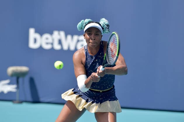 March 23, 2021, Miami Gardens, Florida, United States Of America: MIAMI GARDENS, FL - MARCH 23: Venus Williams seen playing on day 2 of the Miami Open on March 23, 2021 at Hard Rock Stadium in Miami Gardens, Florida. ...People: Venus Williams Miami Gardens United States Of America - ZUMAs214 20210323_zda_s214_029 Copyright: xSMGx