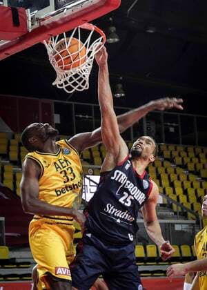 Yannis Morin 25 and Kingsley Mbses 33 SIG Strasbourg vs AEK Basketball Champions League BASKET BALL : SIG Strasbourg vs AEK Athenes Basketball - Ligue des Champions - 23 03 2021 ElyxandroCEGARRA PANORAMIC 