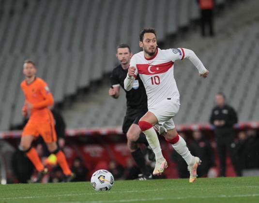 Hakan Calhanoglu of Turkey during the World Cup 2022 Qualifaction group G match between Turkey and Holland at Ataturk Olympic Stadium in Istanbul , Turkey on March 24 , 2021. Match Score Turkey 4 -Holland 2 