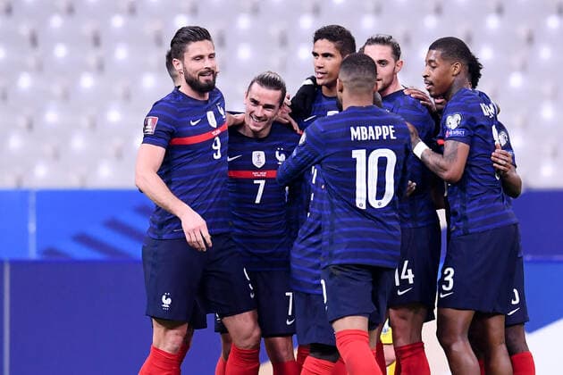 JOIE - FAIR PLAY - 07 ANTOINE GRIEZMANN (FRA) - 09 OLIVIER GIROUD (FRA) - 04 RAPHAEL VARANE (FRA) - 03 PRESNEL KIMPEMBE (FRA) FOOTBALL : France vs Ukraine - Qualifications Coupe du Monde 2022 - 24 03 2021 FEP Panoramic 