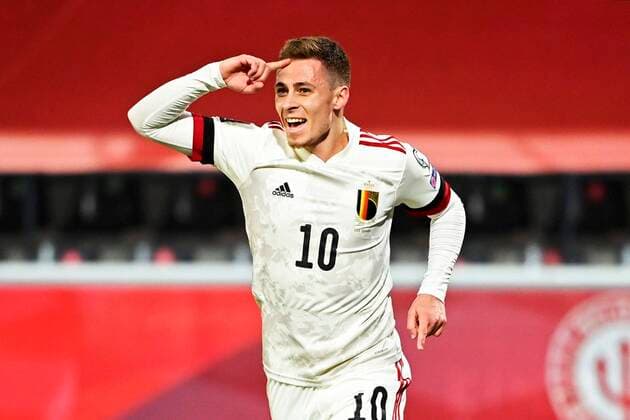 LEUVEN, BELGIUM - MARCH 24 : Thorgan Hazard midfielder of Belgium celebrates after scoring during the World Cup Qatar 2022 Qualifiers Match between Belgium and Wales on March 24, 2021 in Leuven, Belgium, 24 03 2021 FOOTBALL : Qualifications Coupe du Monde Europe - Groupe E - Belgique - Pays de Galles - 24 03 2021 PHOTONEWS PANORAMIC 