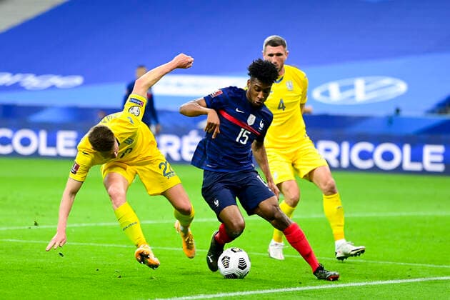 Kingsley Coman (France) vs Mykola Matviyenko (Ukraine) FOOTBALL : France vs Ukraine - Eliminatoires coupe du Monde 2022 - 24 03 2021 JBAutissier Panoramic 