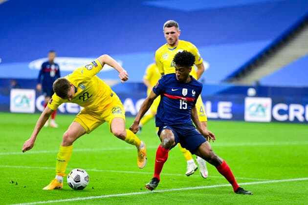 Kingsley Coman (France) vs Mykola Matviyenko (Ukraine) FOOTBALL : France vs Ukraine - Eliminatoires coupe du Monde 2022 - 24 03 2021 JBAutissier Panoramic 