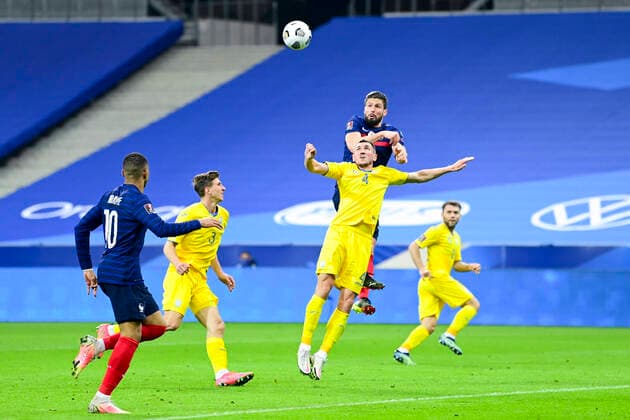 GIROUD OLIVIER (France) vs Serhhiy Kryvtsov (Ukraine) FOOTBALL : France vs Ukraine - Eliminatoires coupe du Monde 2022 - 24 03 2021 JBAutissier Panoramic 