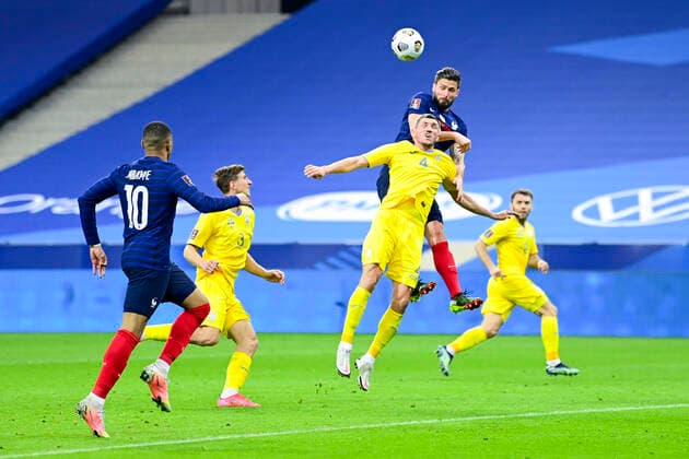 GIROUD OLIVIER (France) vs Serhhiy Kryvtsov (Ukraine) FOOTBALL : France vs Ukraine - Eliminatoires coupe du Monde 2022 - 24 03 2021 JBAutissier Panoramic 