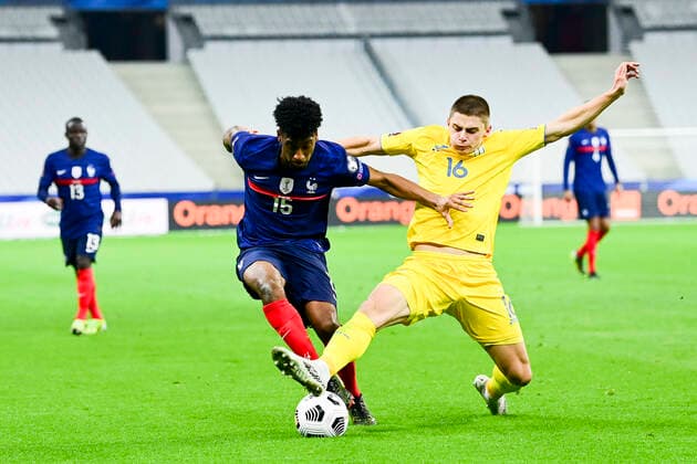 Kingsley Coman (France)vs Vitaliy Mykolenko (Ukraine) FOOTBALL : France vs Ukraine - Eliminatoires coupe du Monde 2022 - 24 03 2021 JBAutissier Panoramic 