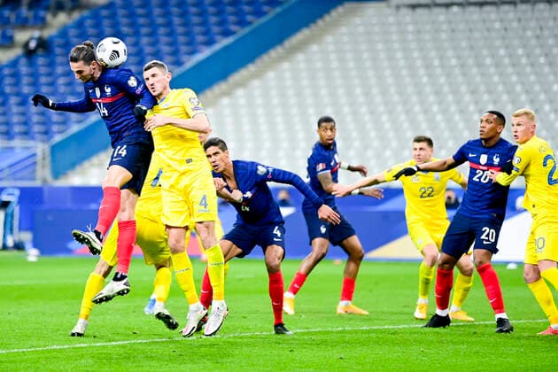 Adrien Rabiot (France) vs Serhhiy Kryvtsov (Ukraine) FOOTBALL : France vs Ukraine - Eliminatoires coupe du Monde 2022 - 24 03 2021 JBAutissier Panoramic 