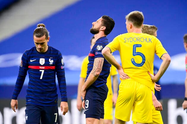 GIROUD OLIVIER (France) GRIEZMANN ANTOINE (France) FOOTBALL : France vs Ukraine - Eliminatoires coupe du Monde 2022 - 24 03 2021 JBAutissier Panoramic 