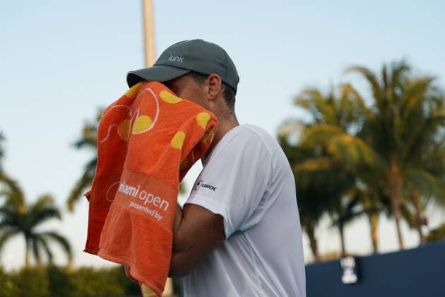MIAMI GARDENS, FL - MARCH 24: Vasek Pospisil (CAN) during the first round match of the Miami Open on March 24, 2021, at Hard Rock Stadium in Miami Gardens, Florida. (Photo by Michele Sandberg Icon Sportswire) TENNIS: MAR 24 Miami Open Icon2103240274