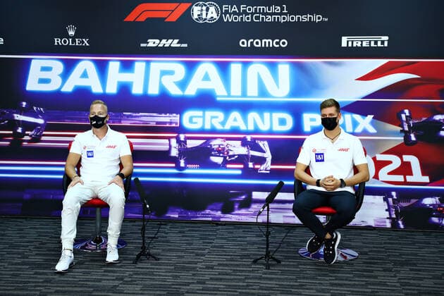 F1 Grand Prix of Bahrain 9 Nikita Mazepin (RUS, Haas F1 Team), 47 Mick Schumacher (GER, Haas F1 Team), F1 Grand Prix of Bahrain at Bahrain International Circuit on March 25, 2021 in Sakhir, Bahrain. (Photo by Dan Istitene Formula 1 Getty Images FIA Pool via HOCH ZWEI) Sakhir Bahrain International Circuit Bahrain Poolfoto HOCH ZWEI Pool Formula 1 via Get ,EDITORIAL USE ONLY